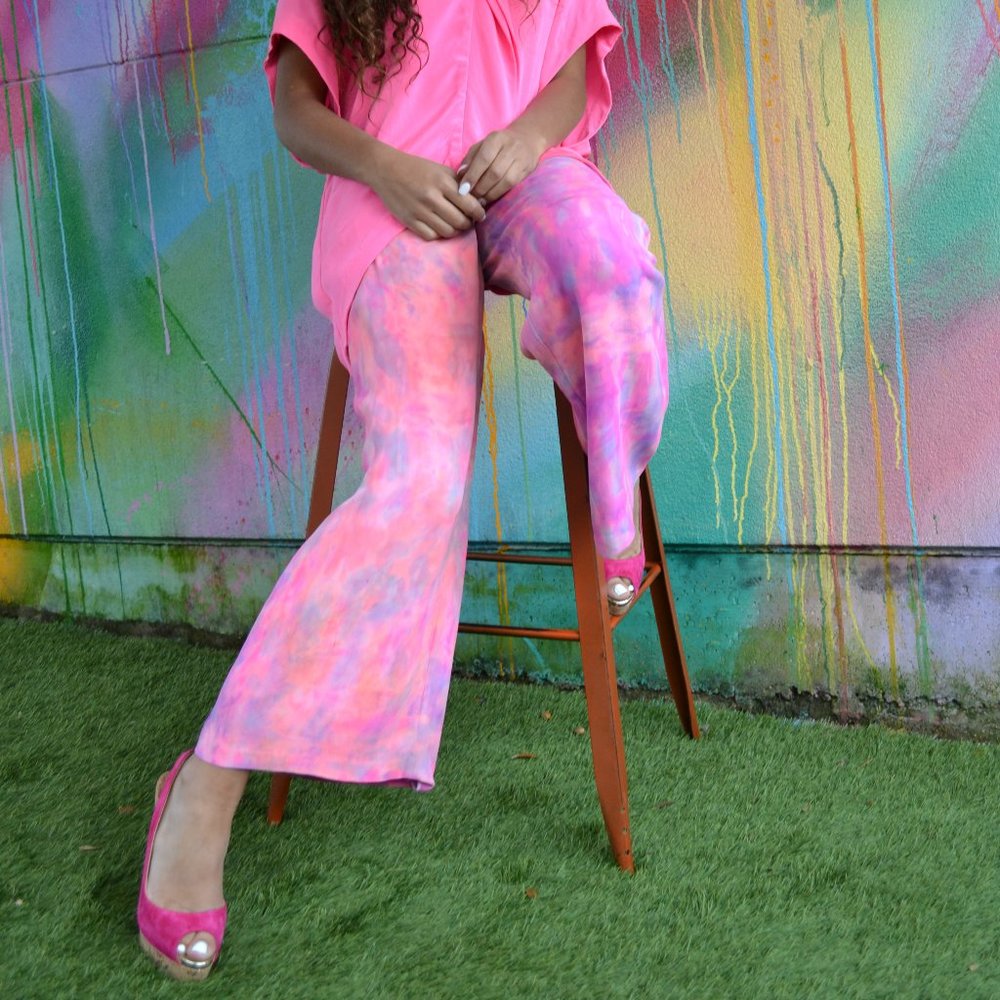 Giorgio Armani wide leg Silk Pants pink peach beige purple small 4 6 8 46 tiedye